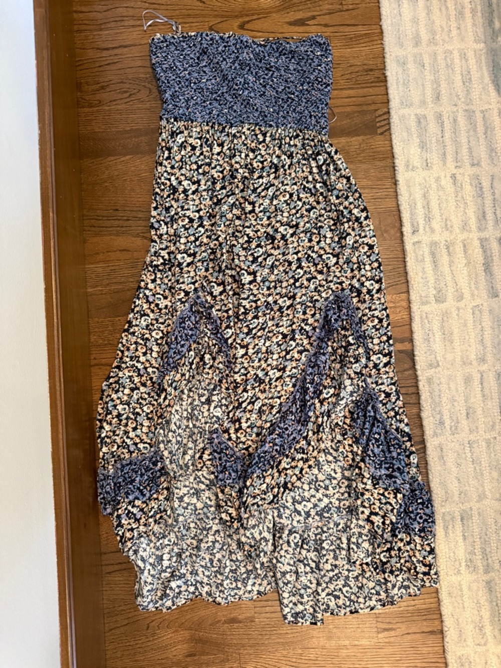 Free People Navy Blue and Cream Floral Strapless Maxi Dress